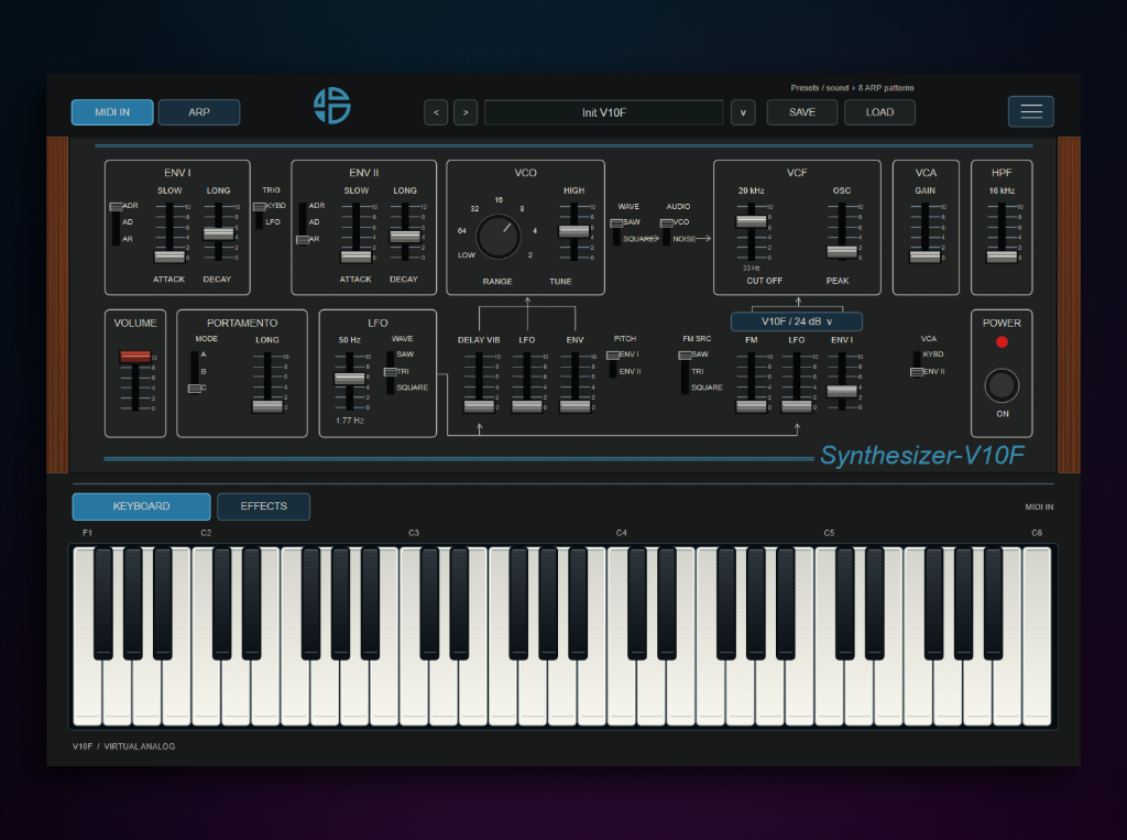 V10F is a monophonic synthesizer inspired by the Kawai 100F